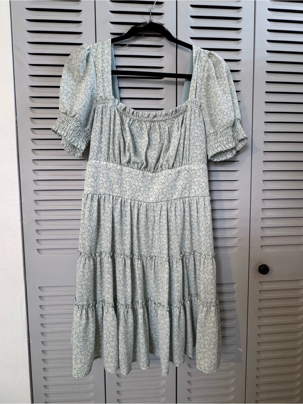 Smocked Puff Sleeve Tiered Mini Dress - Light Sage Floral